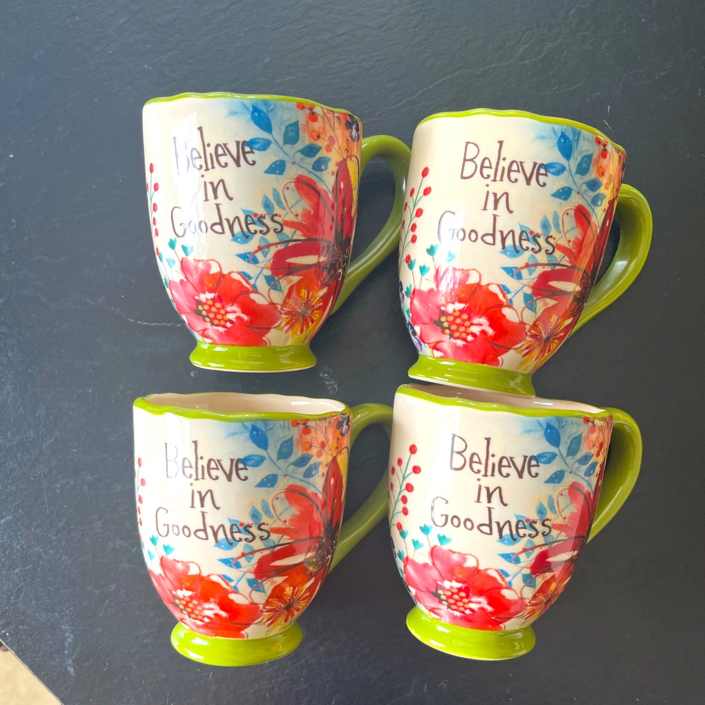 Cracker Barrel Believe in Goodness Floral Mugs - Red, Blue, Green set of 4